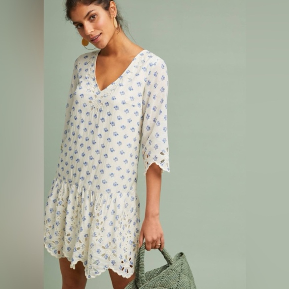 Anthropologie White Floral Dress with Eyelet Hem